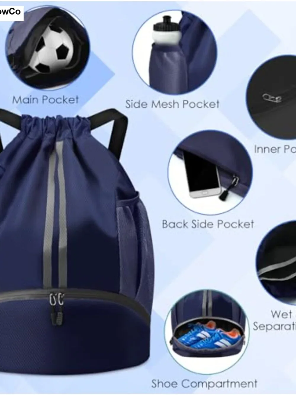 BROTOU Drawstring Soccer Backpack Nylon Sports Gym Bag Shoe Ball Compartment